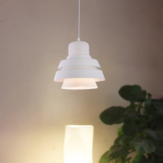 Modern White Pendant Light With Flared Metal Shade - Bedroom Lighting Fixture