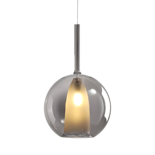 Modern Spherical Hanging Pendant Light - Smoke Gray/Clear Glass, 1 Bulb, 6"/7" Wide