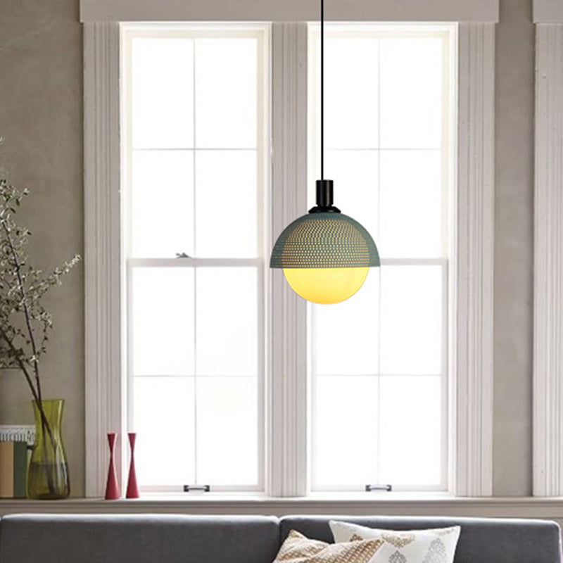 Modern Metal Bowl Ceiling Lamp With Green Accent - 1 Head Pendant Light For Bedroom In Beige/Gray