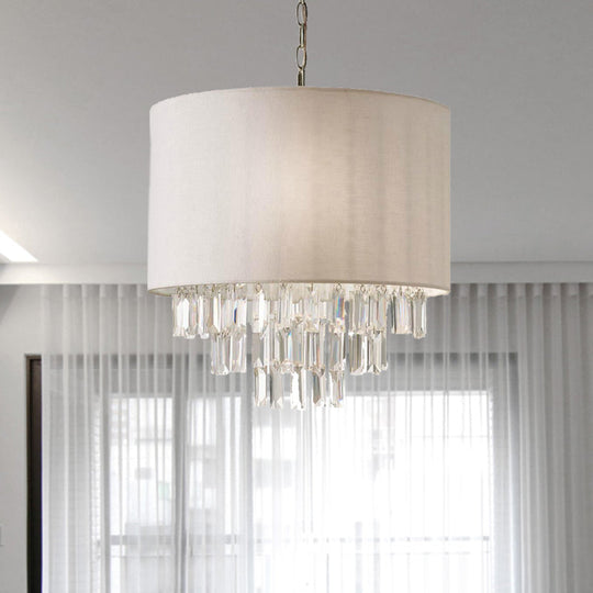 Modern Crystal Drum Chandelier: Rectangular-Cut, Beige Ceiling Lamp with Fabric Shade - 3/4 Lights