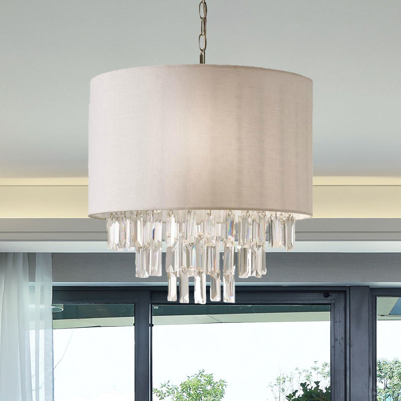 Modern Crystal Drum Chandelier: Rectangular-Cut, Beige Ceiling Lamp with Fabric Shade - 3/4 Lights