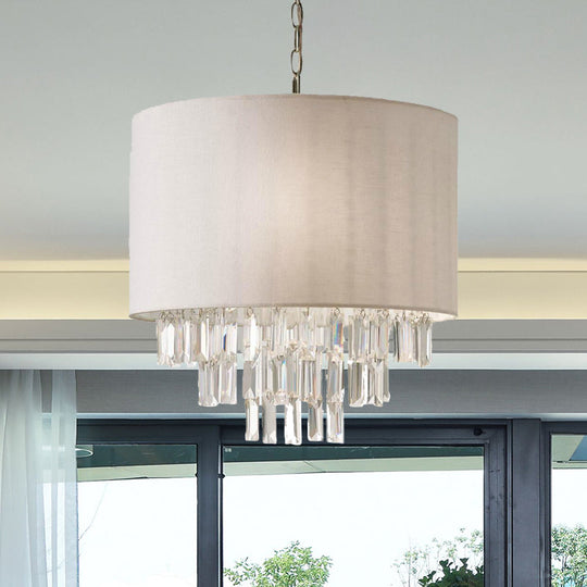 Modern Crystal Drum Chandelier: Rectangular-Cut, Beige Ceiling Lamp with Fabric Shade - 3/4 Lights