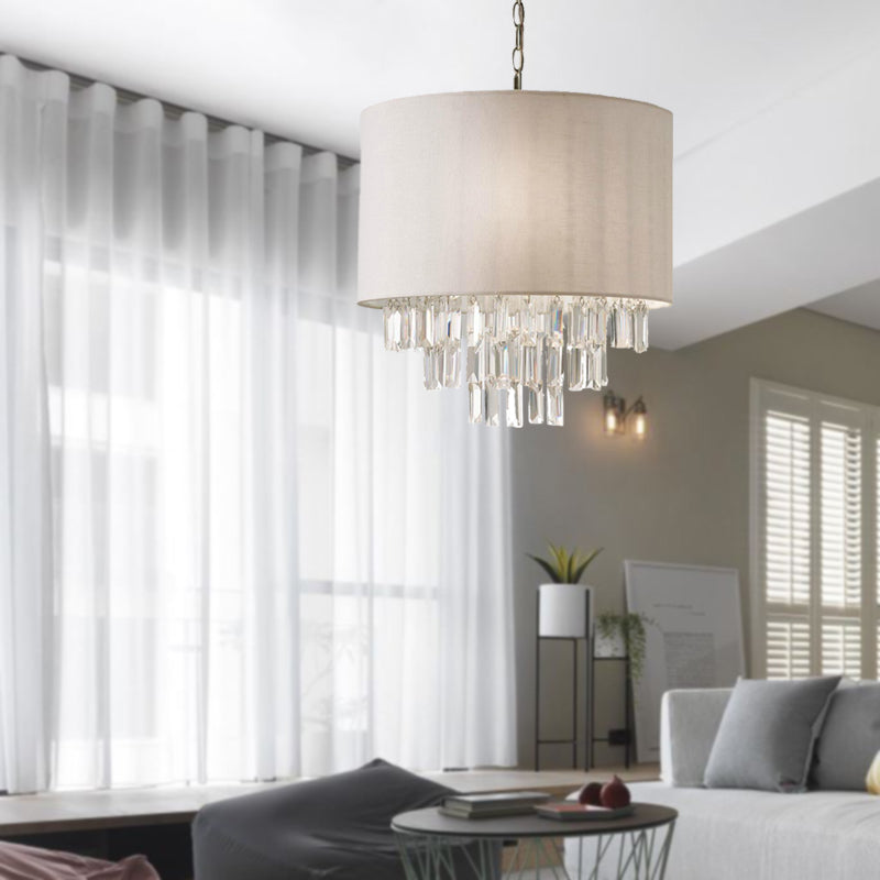 Modern Crystal Drum Chandelier: Rectangular-Cut, Beige Ceiling Lamp with Fabric Shade - 3/4 Lights