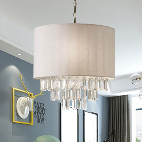 Modern Crystal Drum Chandelier: Rectangular-Cut, Beige Ceiling Lamp with Fabric Shade - 3/4 Lights