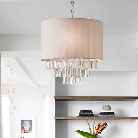 Modern Crystal Drum Chandelier: Rectangular-Cut, Beige Ceiling Lamp with Fabric Shade - 3/4 Lights