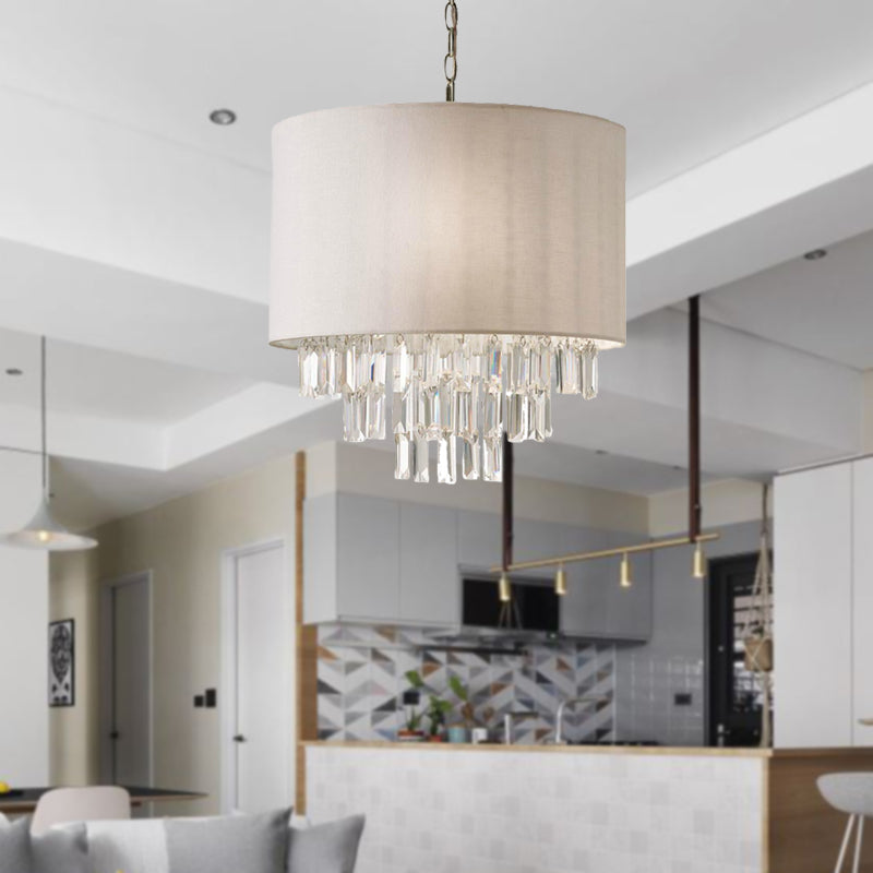 Modern Crystal Drum Chandelier: Rectangular-Cut, Beige Ceiling Lamp with Fabric Shade - 3/4 Lights