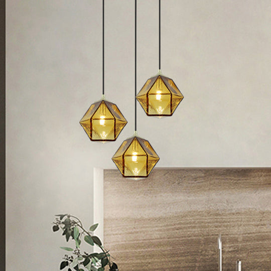 Modern Hexagon Ceiling Lamp In Cognac Glass - Hanging Pendant Light For Dining Room