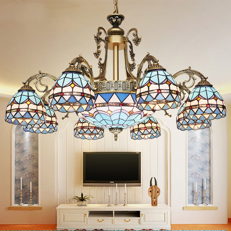 Mediterranean Dome Stained Glass Hanging Lamp in Blue - 9/11 Lights Chandelier Fixture