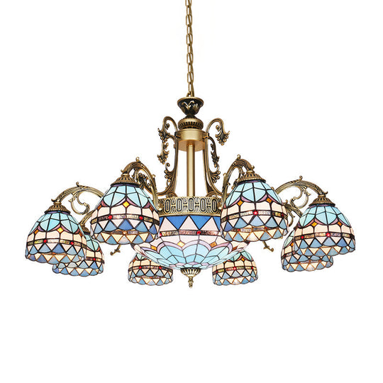 Mediterranean Dome Stained Glass Hanging Lamp in Blue - 9/11 Lights Chandelier Fixture