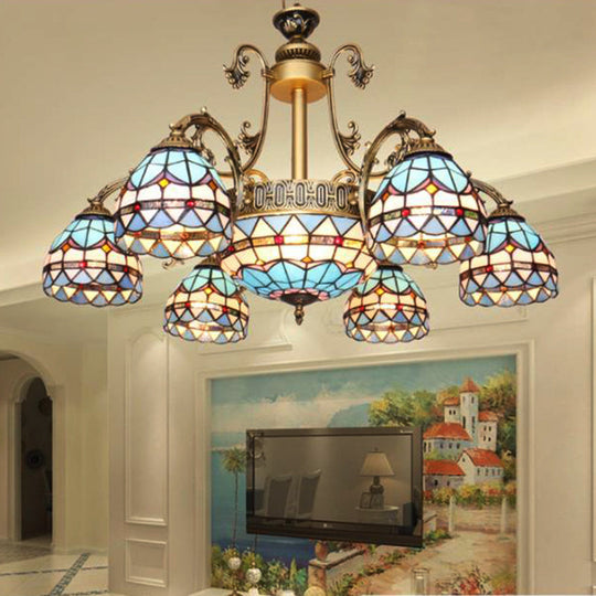 Mediterranean Dome Stained Glass Hanging Lamp in Blue - 9/11 Lights Chandelier Fixture