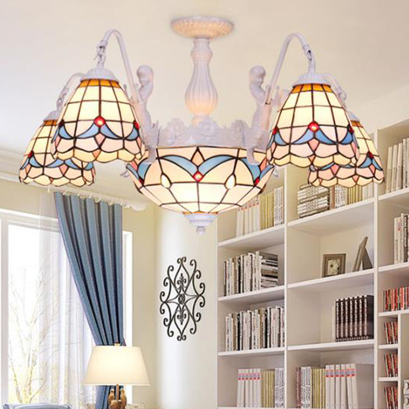 Stunning Dome Chandelier Lamp - Mediterranean Style Stained Art Glass 8/9/11 Lights White Hanging