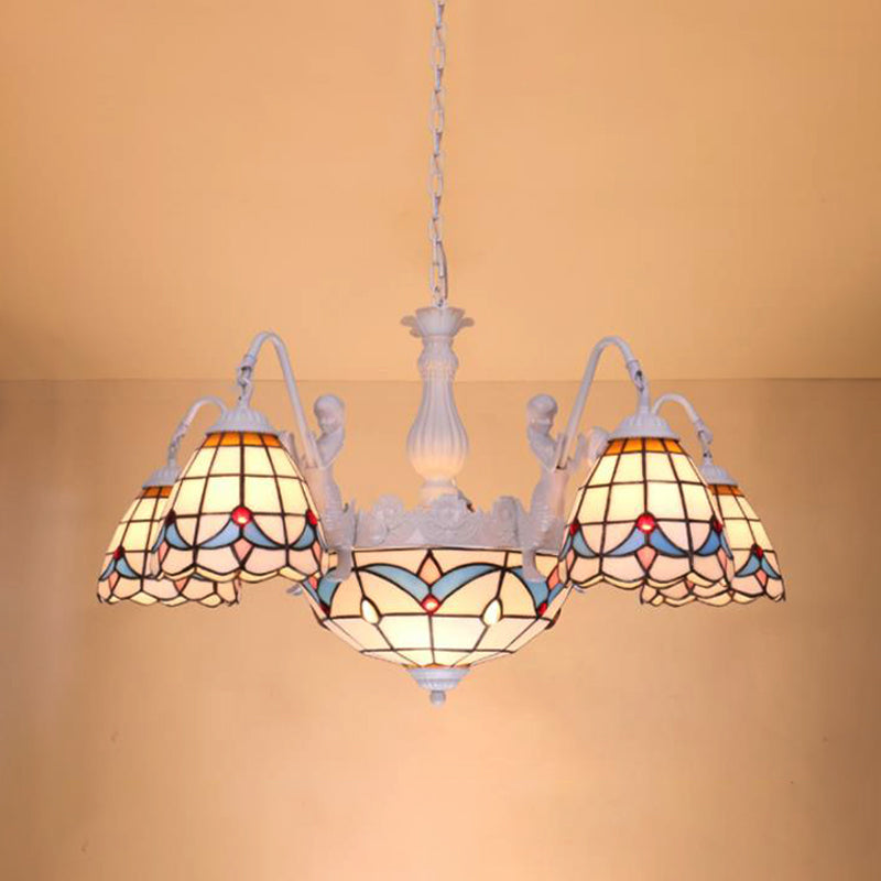 Mediterranean Stained Glass Dome Chandelier with 8/9/11 Lights - White Ceiling Pendant Light