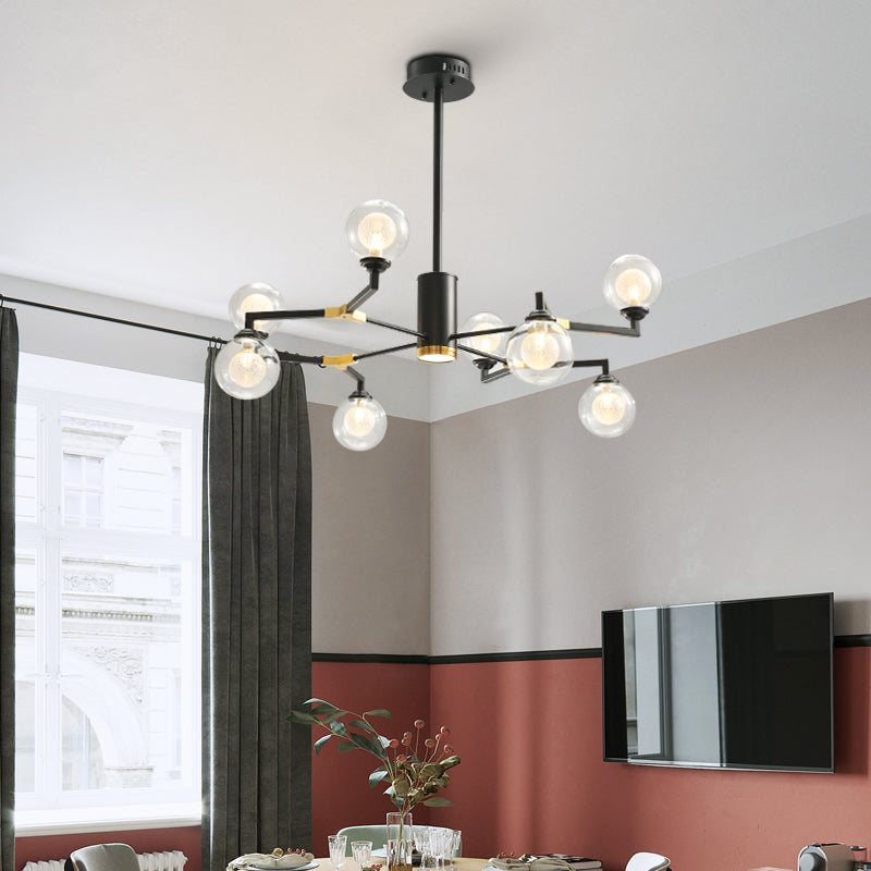 Lustre élégant en forme de sphère noire avec luminaire suspendu en verre transparent - Éclairage moderne à 8/10 têtes