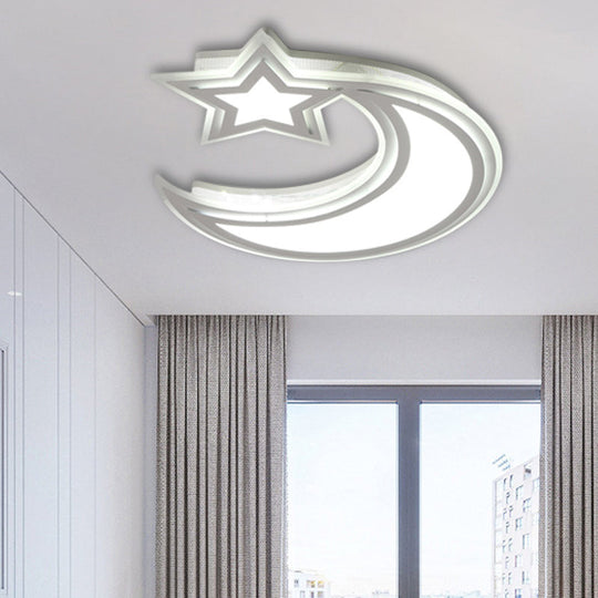 Kids Cartoon Acrylic Led Flush Ceiling Light - Crescent And Star Design For Bedroom White /