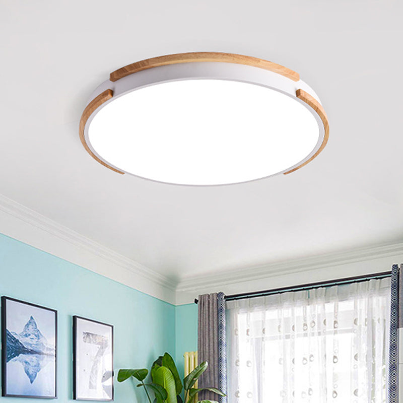 Modern White Flush Mount LED Ceiling Light with Wood Accent & Acrylic Diffuser, Perfect for Living Room - 12.5"/16.5"/20.5" Wide