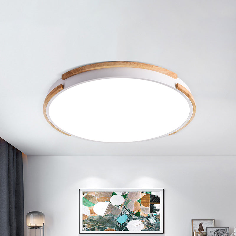 Modern White Flush Mount LED Ceiling Light with Wood Accent & Acrylic Diffuser, Perfect for Living Room - 12.5"/16.5"/20.5" Wide