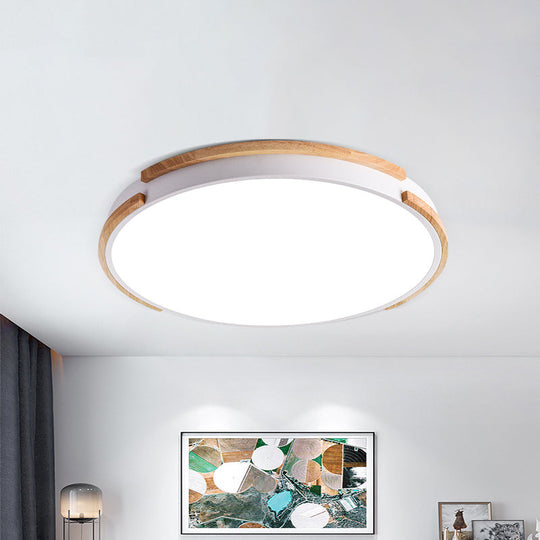 Modern White Flush Mount LED Ceiling Light with Wood Accent & Acrylic Diffuser, Perfect for Living Room - 12.5"/16.5"/20.5" Wide