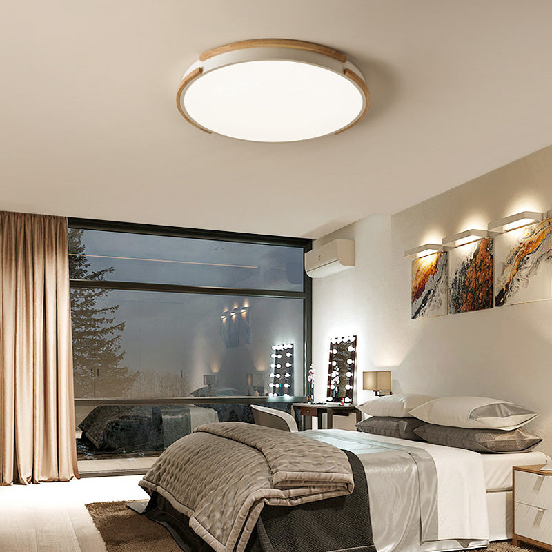 Modern White Flush Mount LED Ceiling Light with Wood Accent & Acrylic Diffuser, Perfect for Living Room - 12.5"/16.5"/20.5" Wide