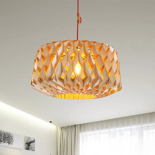 Laser Cut Japanese Wood Hanging Light - 1 Head Beige Ceiling Lamp 14/23 Wide / 14