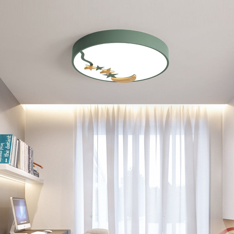 Contemporary Round Metal LED Close to Ceiling Lamp with Wooden Moon and Star Decoration - Grey/White/Green - 12"/16"/19.5" Diameter - White/Warm Light