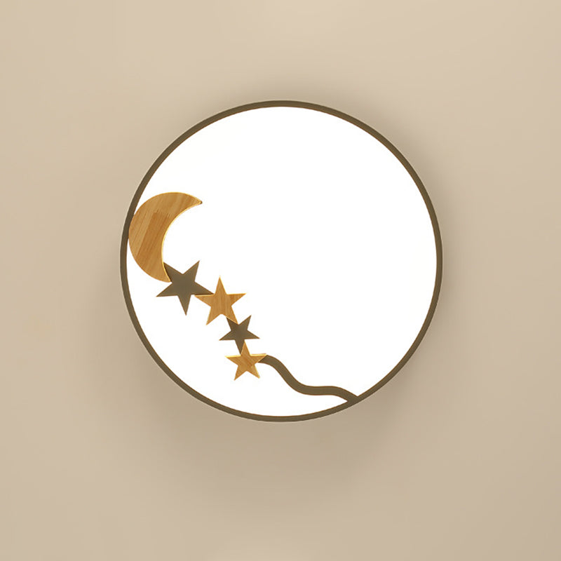 Contemporary Round Metal LED Close to Ceiling Lamp with Wooden Moon and Star Decoration - Grey/White/Green - 12"/16"/19.5" Diameter - White/Warm Light