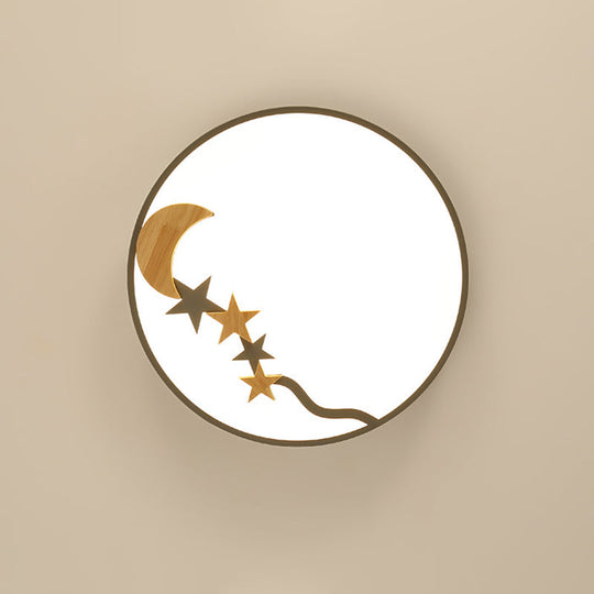 Contemporary Round Metal LED Close to Ceiling Lamp with Wooden Moon and Star Decoration - Grey/White/Green - 12"/16"/19.5" Diameter - White/Warm Light