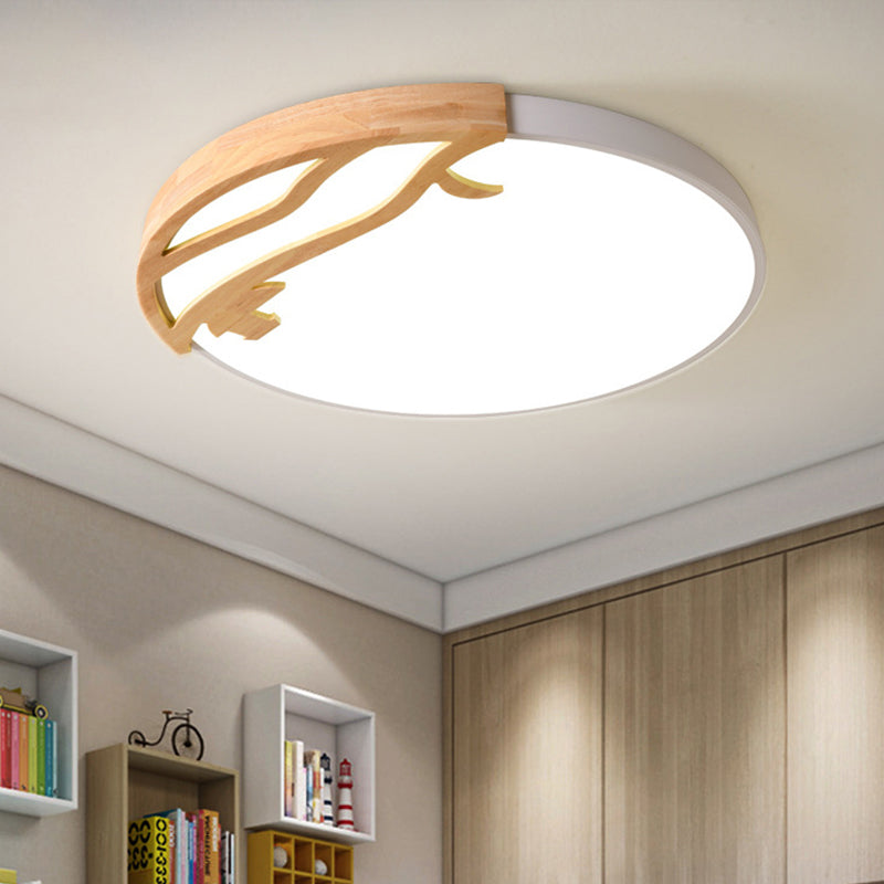 Modern LED Flush Mount Ceiling Light with Wood Frame and Acrylic Diffuser (White/Warm Light, 16"/19.5" Diameter)