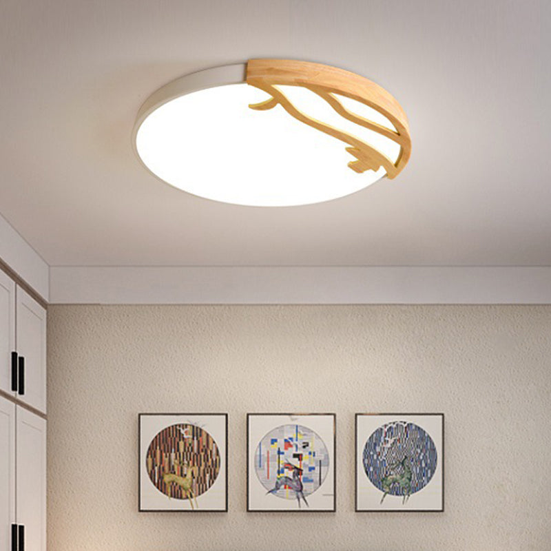 Modern LED Flush Mount Ceiling Light with Wood Frame and Acrylic Diffuser (White/Warm Light, 16"/19.5" Diameter)