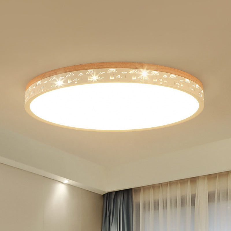 Modern LED Flush Light Fixture: Wood Circle Design with Acrylic Diffuser - White/Warm Light, 12"/16"/19.5" Wide