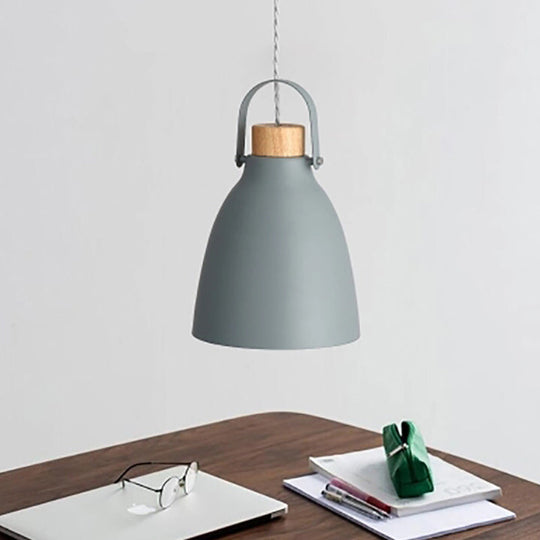 Contemporary Metal Downlight with Flared Grey Shade and Wood Cap