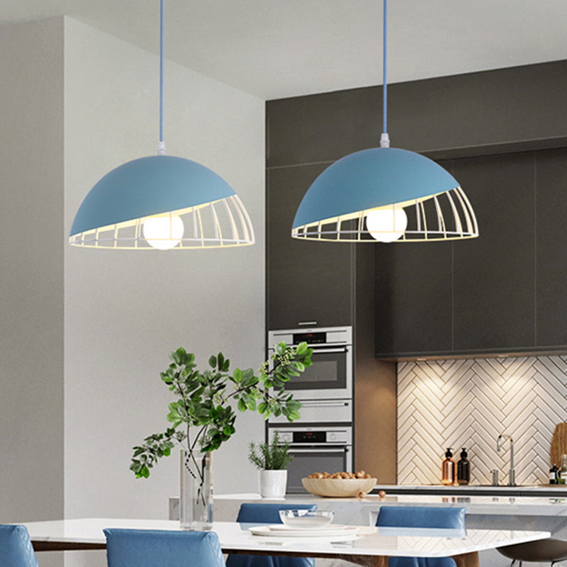 Modern Dining Room Pendant Light With Domed Metal Shade - Black/Blue/Green Suspended Lighting