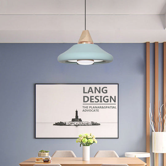 Flare Down Lighting Pendant Light Fixture - Macaron Wide With Blue/Green Metal And Wood Cap Green