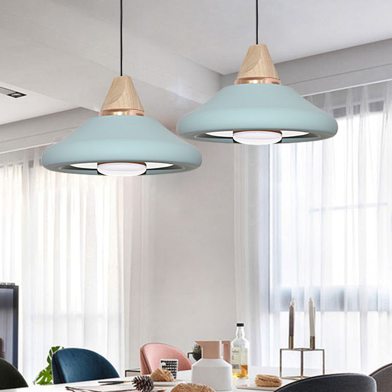 Flare Down Lighting Pendant Light Fixture - Macaron Wide With Blue/Green Metal And Wood Cap