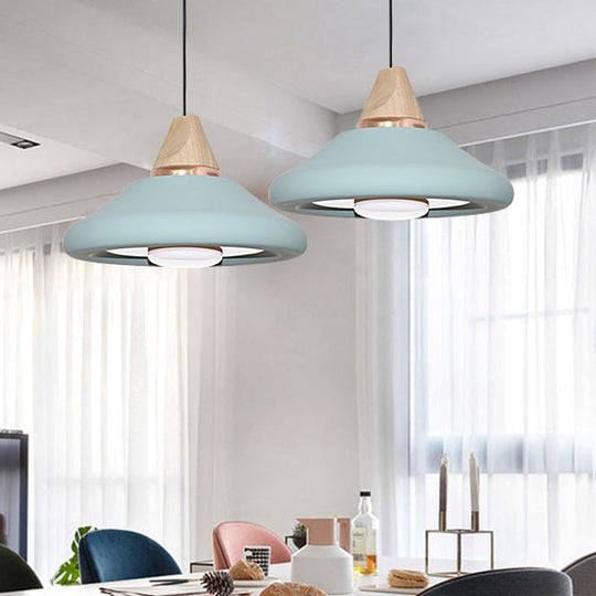 Flare Down Lighting Pendant Light Fixture - Macaron Wide With Blue/Green Metal And Wood Cap