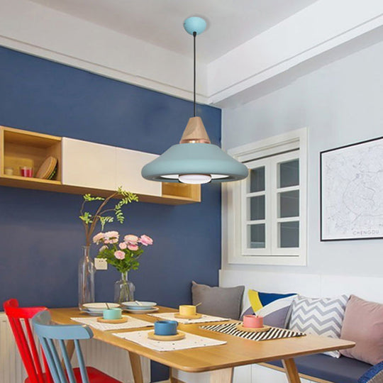 Blue/Green Macaron Wide Flare Down Pendant Light Fixture with Wood Cap