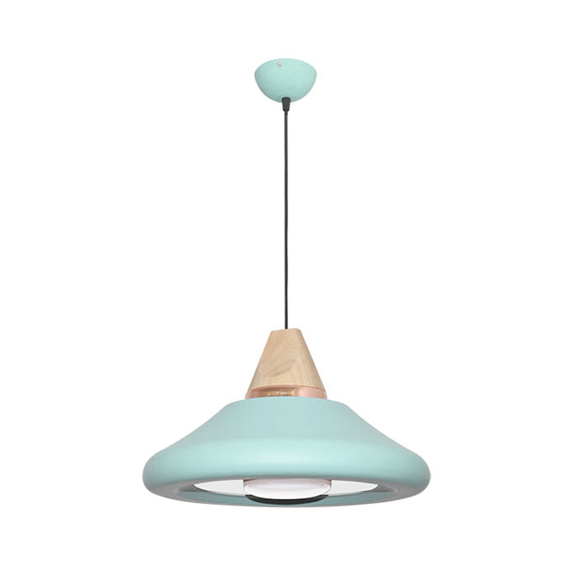Flare Down Lighting Pendant Light Fixture - Macaron Wide With Blue/Green Metal And Wood Cap