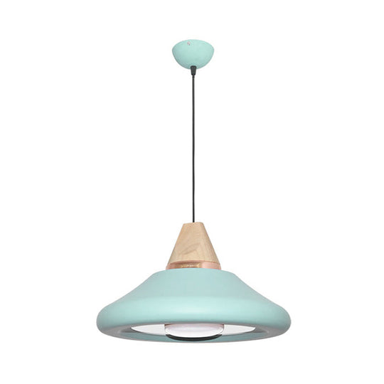 Flare Down Lighting Pendant Light Fixture - Macaron Wide With Blue/Green Metal And Wood Cap