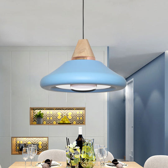 Blue/Green Macaron Wide Flare Down Pendant Light Fixture with Wood Cap