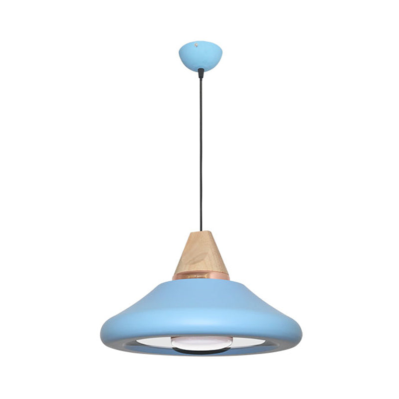 Flare Down Lighting Pendant Light Fixture - Macaron Wide With Blue/Green Metal And Wood Cap