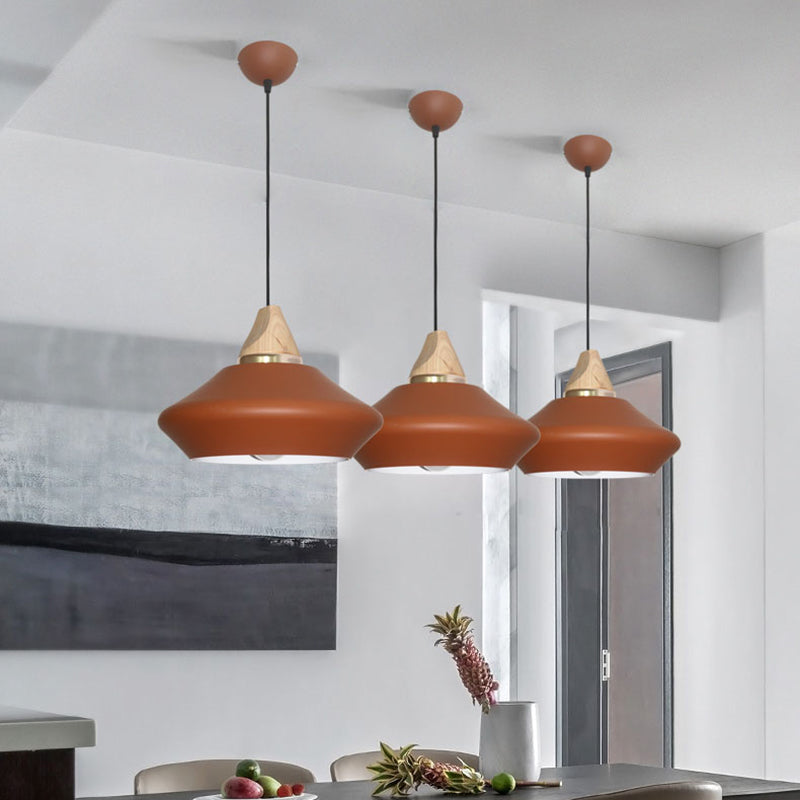 Contemporary Metal Pendant Light - Pink/Coffee 1-Head Hat Ceiling Lamp with Wood Cap