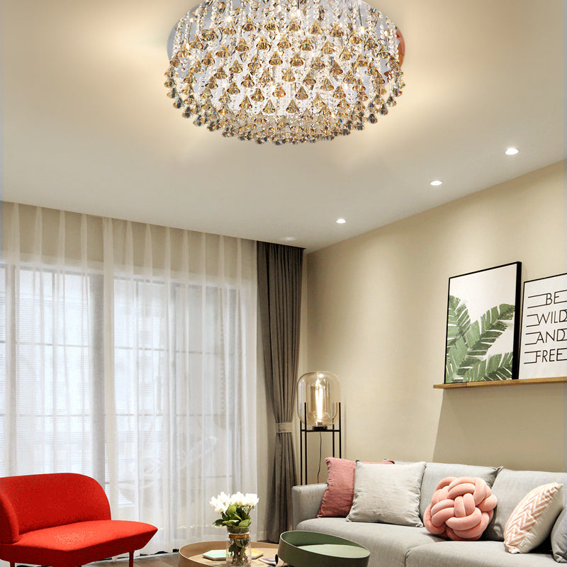 Modern Crystal Drop Nickel LED Drum Ceiling Light Fixture for Living Room