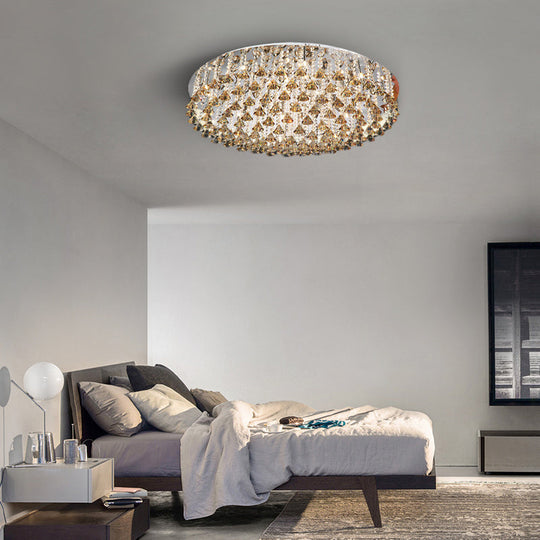 Modern Crystal Drop Nickel LED Drum Ceiling Light Fixture for Living Room