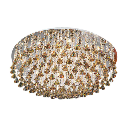Modern Crystal Drop Nickel Led Drum Ceiling Light Fixture For Living Room