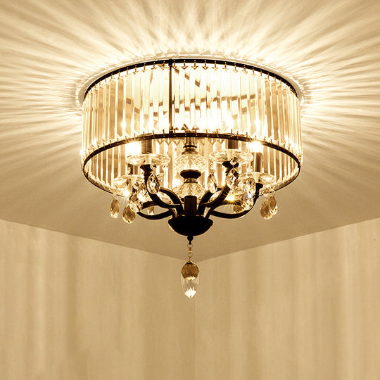 Contemporary 4-Head Semi Flush Crystal Light Fixture: Round Block Design in Black with White Light