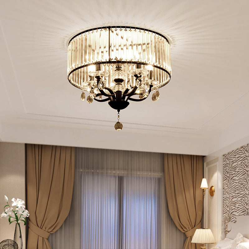 Contemporary 4-Head Semi Flush Crystal Light Fixture: Round Block Design in Black with White Light