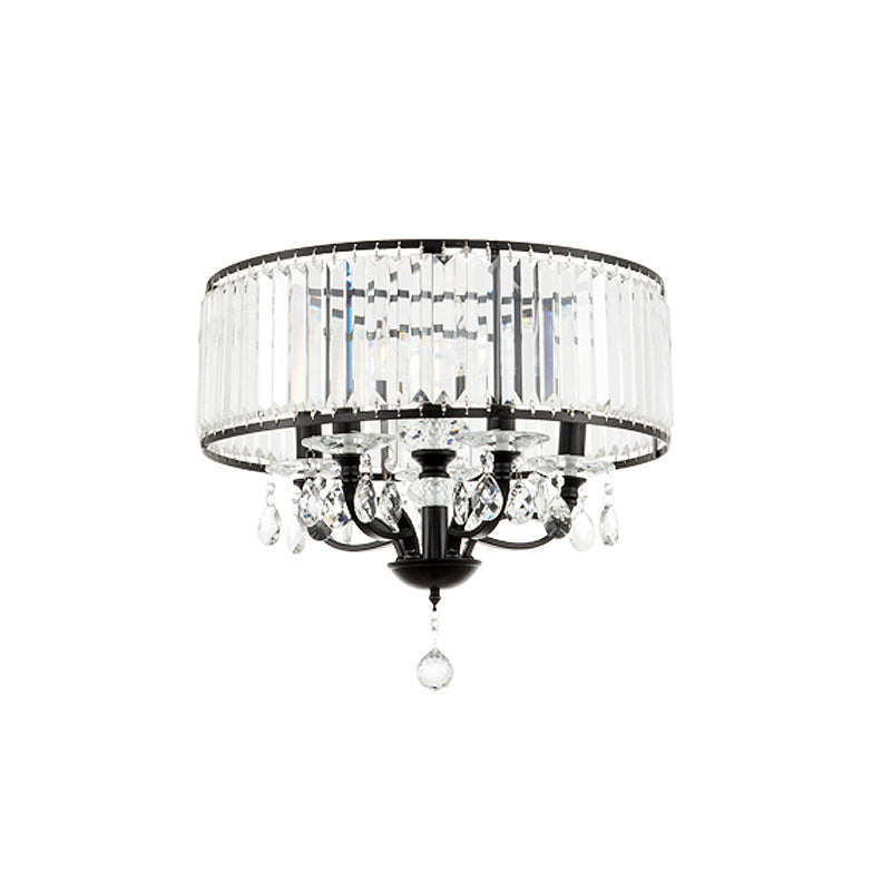 Contemporary 4-Head Semi Flush Crystal Light Fixture: Round Block Design in Black with White Light