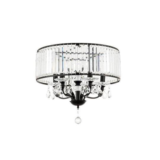 Contemporary 4-Head Semi Flush Crystal Light Fixture: Round Block Design in Black with White Light