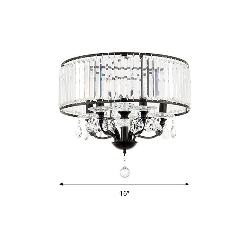 Contemporary 4-Head Semi Flush Crystal Light Fixture: Round Block Design in Black with White Light