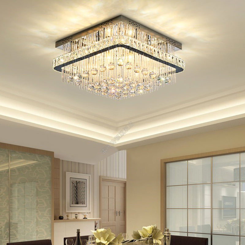 Modern Square Crystal Block Ceiling Light with 8 Heads - Nickel Flush Mount Lamp