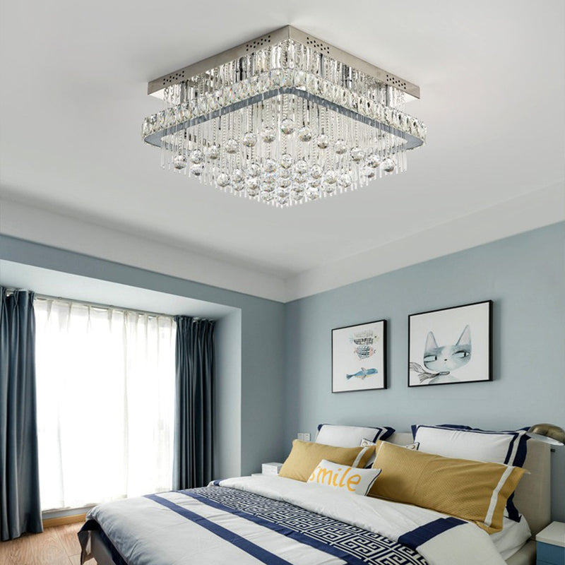 Modern Square Crystal Block Ceiling Light with 8 Heads - Nickel Flush Mount Lamp